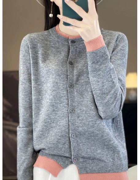 Knitted Cardigan Sweater Clothing O-neck Patchwork Long Sleeve Tops
