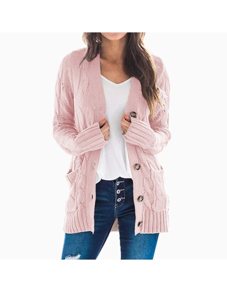 Cardigan Long Sleeve Plus Size Pocket Ribbed Knitted Sweater
