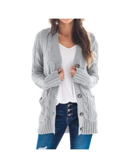 Cardigan Long Sleeve Plus Size Pocket Ribbed Knitted Sweater
