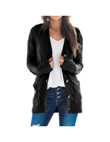 Cardigan Long Sleeve Plus Size Pocket Ribbed Knitted Sweater