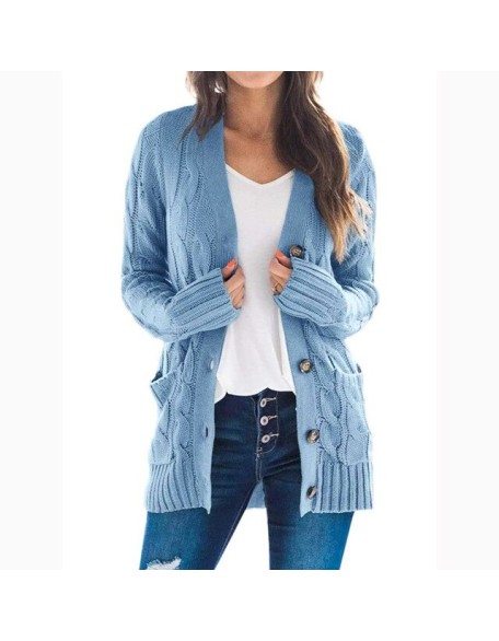 Cardigan Long Sleeve Plus Size Pocket Ribbed Knitted Sweater