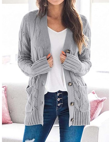 Cardigan Long Sleeve Plus Size Pocket Ribbed Knitted Sweater