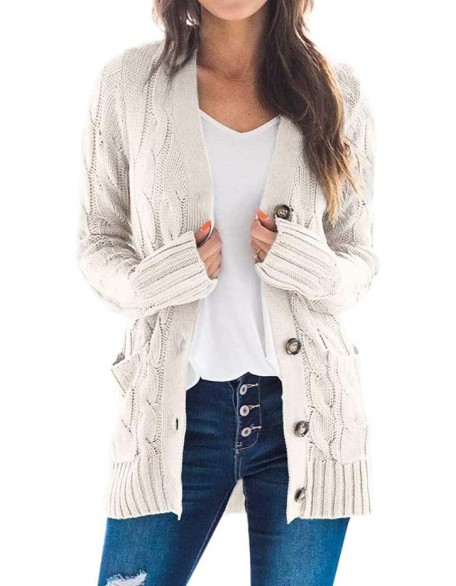 Cardigan Long Sleeve Plus Size Pocket Ribbed Knitted Sweater