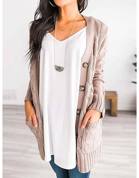 Cardigan Long Sleeve Plus Size Pocket Ribbed Knitted Sweater