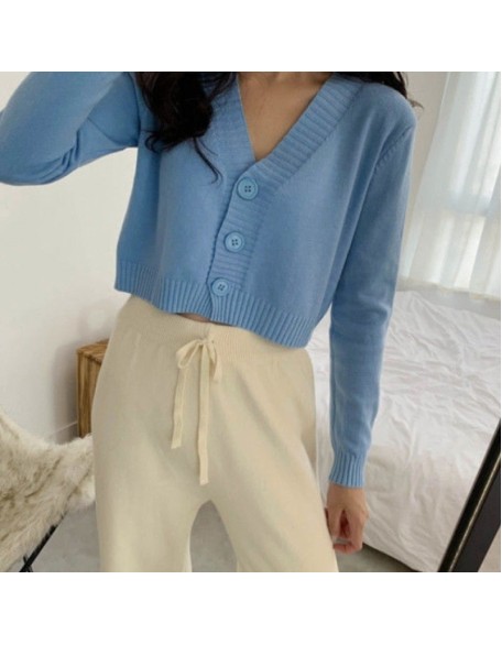 Long Sleeve Sweater Cardigan Sexy V-Neck Button Down Cropped Jacket