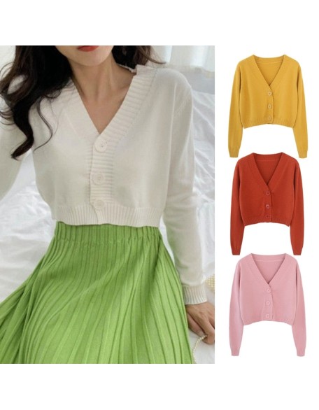 Long Sleeve Sweater Cardigan Sexy V-Neck Button Down Cropped Jacket