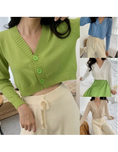 Long Sleeve Sweater Cardigan Sexy V-Neck Button Down Cropped Jacket