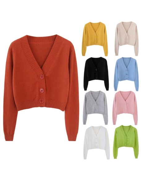 Long Sleeve Sweater Cardigan Sexy V-Neck Button Down Cropped Jacket