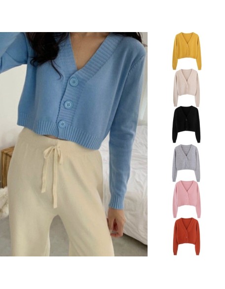 Long Sleeve Sweater Cardigan Sexy V-Neck Button Down Cropped Jacket