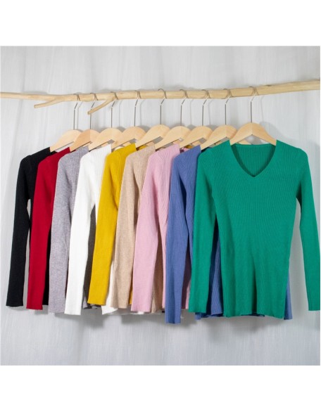 Pullover V-Neck Minimalist Bottoming Pink Tops Multi Colors