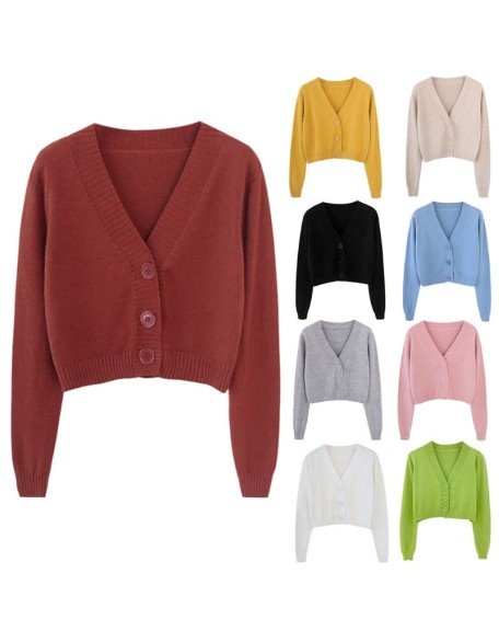 Long Sleeve Sweater Cardigan Sexy V-Neck Button Down Cropped Jacket