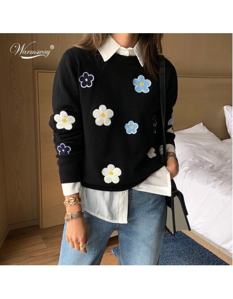 Floral Embroidery Pullover Sweater High Quality Women Elegant O Neck Knitted Tops