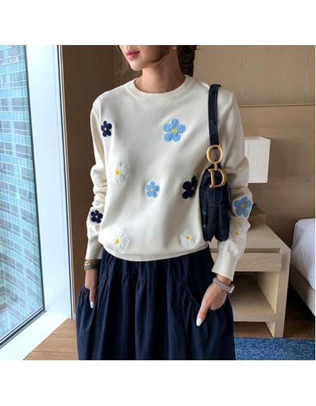 Floral Embroidery Pullover Sweater High Quality Women Elegant O Neck Knitted Tops