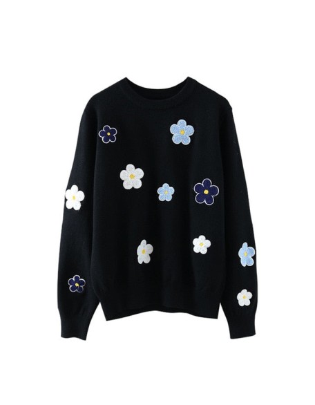 Floral Embroidery Pullover Sweater High Quality Women Elegant O Neck Knitted Tops