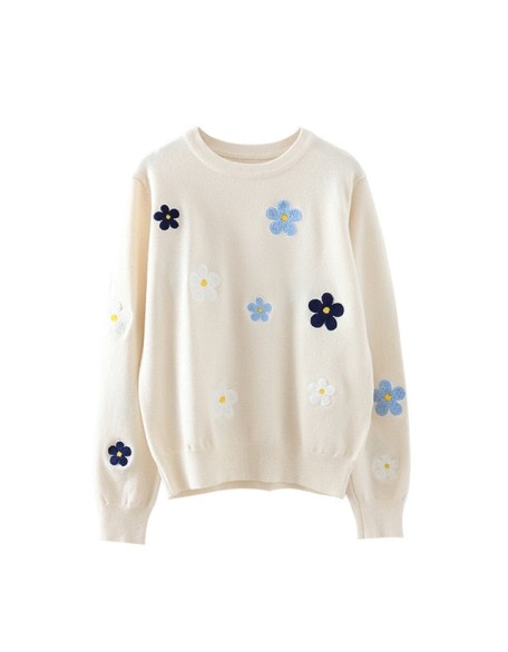 Floral Embroidery Pullover Sweater High Quality Women Elegant O Neck Knitted Tops