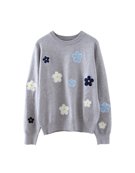 Floral Embroidery Pullover Sweater High Quality Women Elegant O Neck Knitted Tops