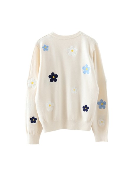 Floral Embroidery Pullover Sweater High Quality Women Elegant O Neck Knitted Tops