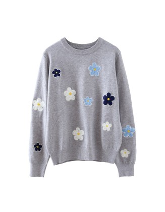Floral Embroidery Pullover Sweater High Quality Women Elegant O Neck Knitted Tops