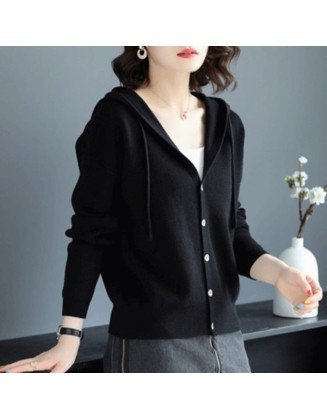 Casual Hooded Thin Knitted Sweater Female Loose Cardigans Coat